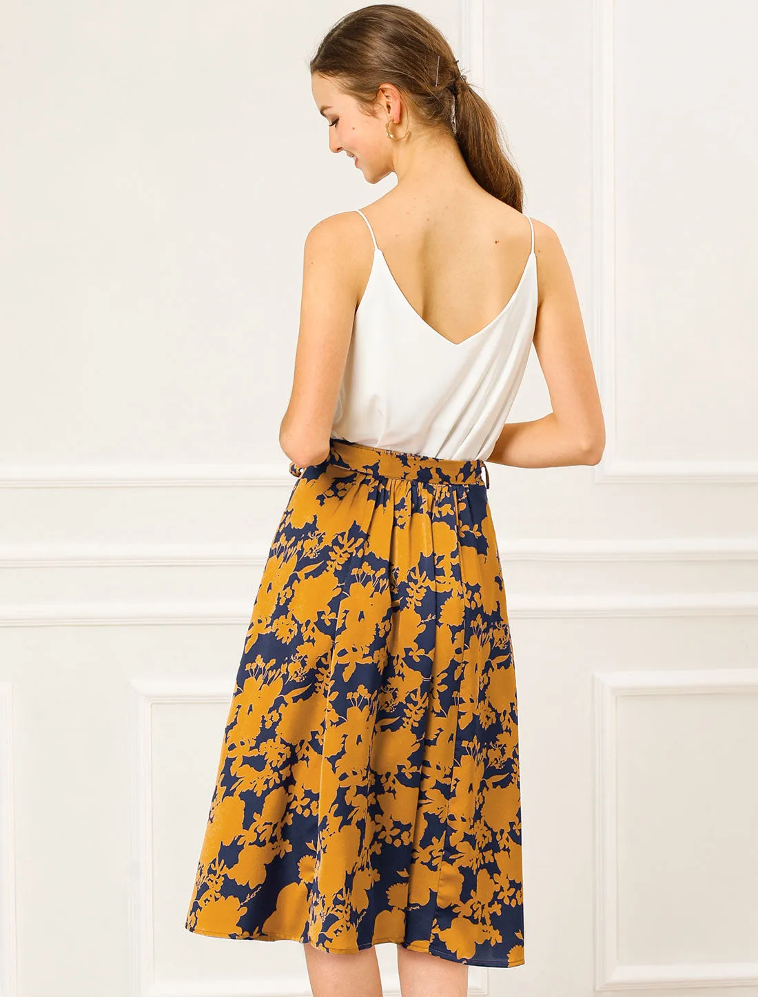 Slits Front High Waist A-Line Belted Floral Flowy Midi Skirt sold by Allegra K product image thumbnail 4
