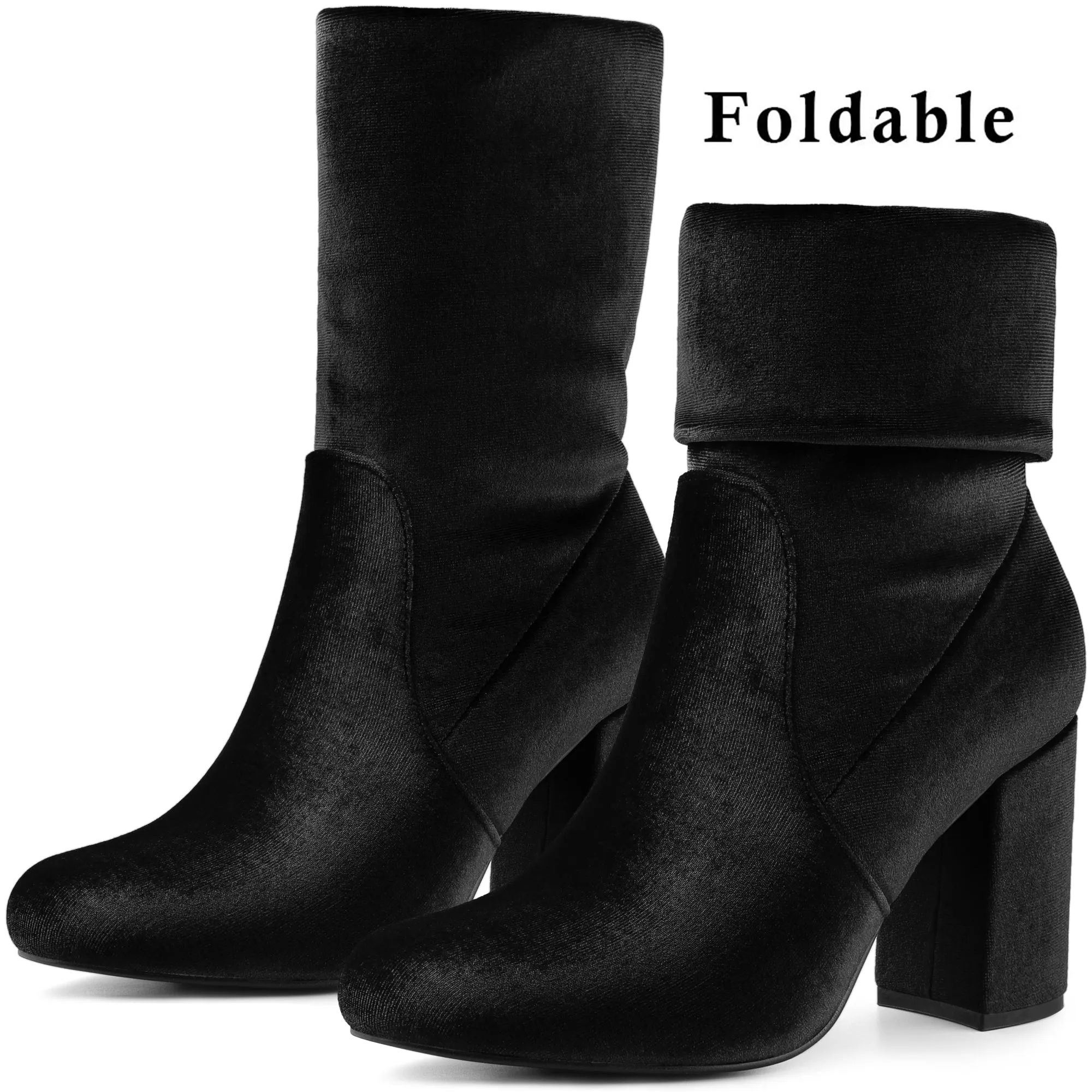 Round Toe Block Heel Foldable Mid Calf Faux Velvet Boots sold by Allegra K product image thumbnail 4