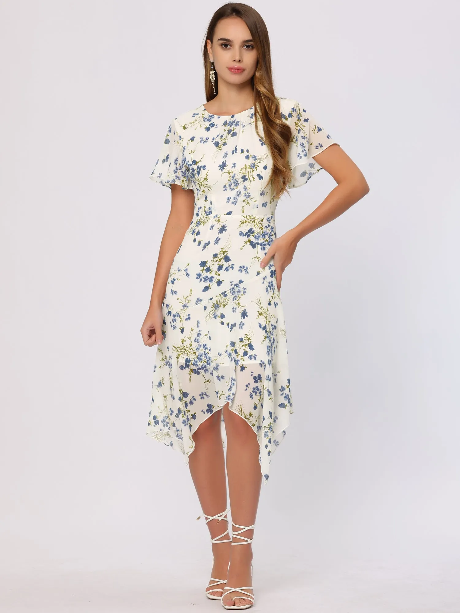 Irregular Hem Round Neck Flared Short Sleeve Floral Midi Dress sold by Allegra K product image thumbnail 4