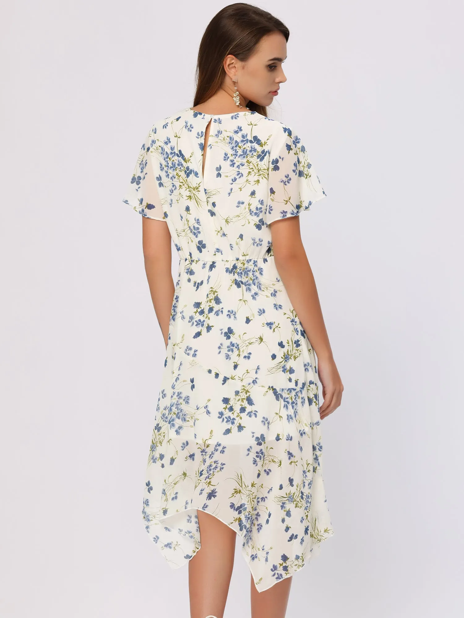Irregular Hem Round Neck Flared Short Sleeve Floral Midi Dress sold by Allegra K product image thumbnail 3