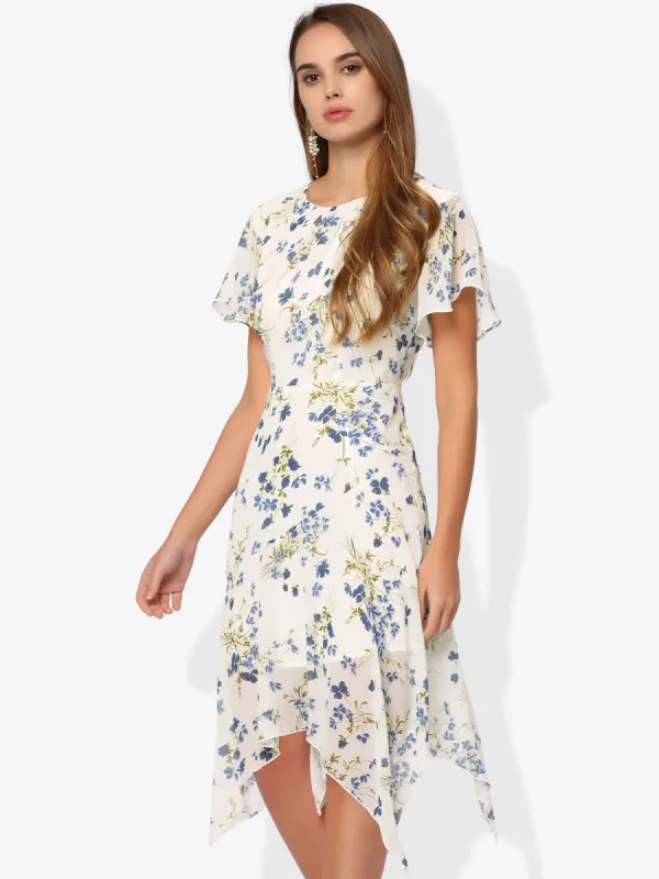 Irregular Hem Round Neck Flared Short Sleeve Floral Midi Dress sold by Allegra K
