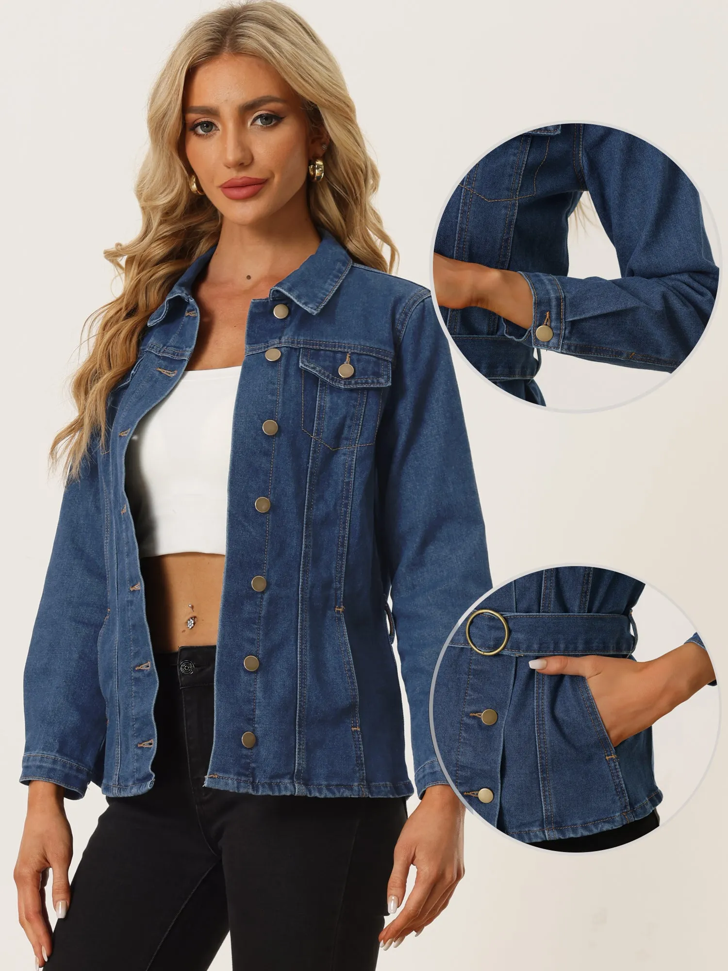 Denim Belted Lapel Collar Single Breasted Jean Jacket sold by Allegra K product image thumbnail 2
