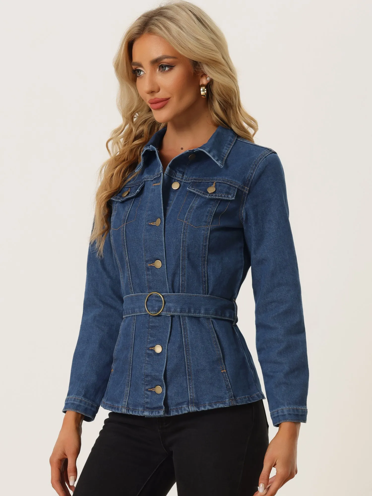 Denim Belted Lapel Collar Single Breasted Jean Jacket sold by Allegra K product image thumbnail 4