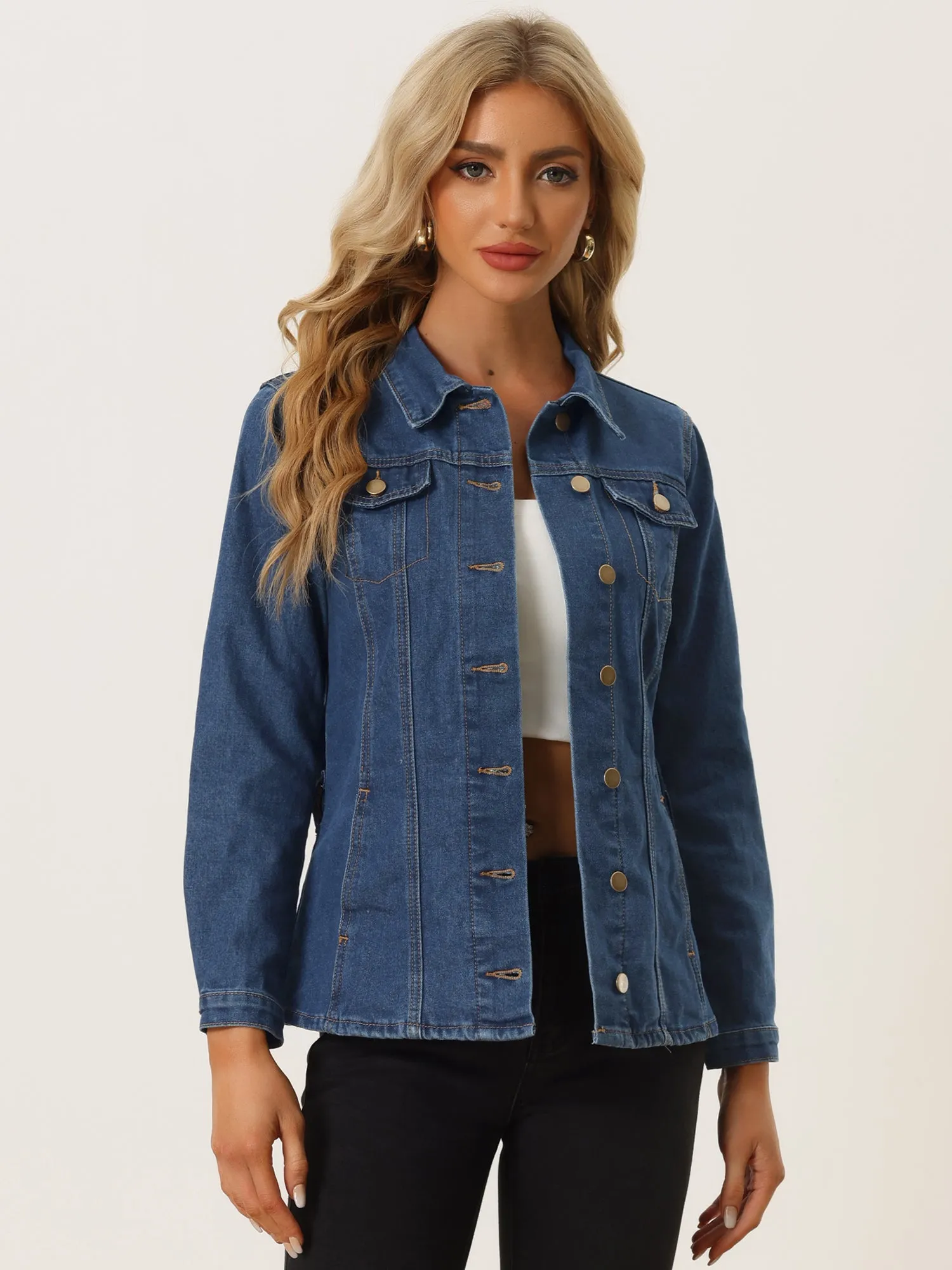 Denim Belted Lapel Collar Single Breasted Jean Jacket sold by Allegra K