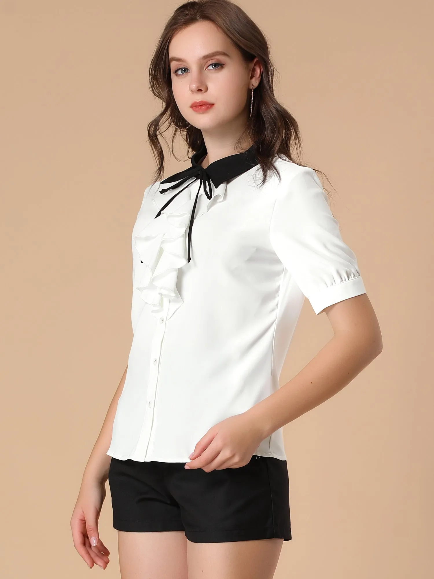Contrast Collar Tie Ruffle Front Button Short Sleeve Work Shirt sold by Allegra K product image thumbnail 3