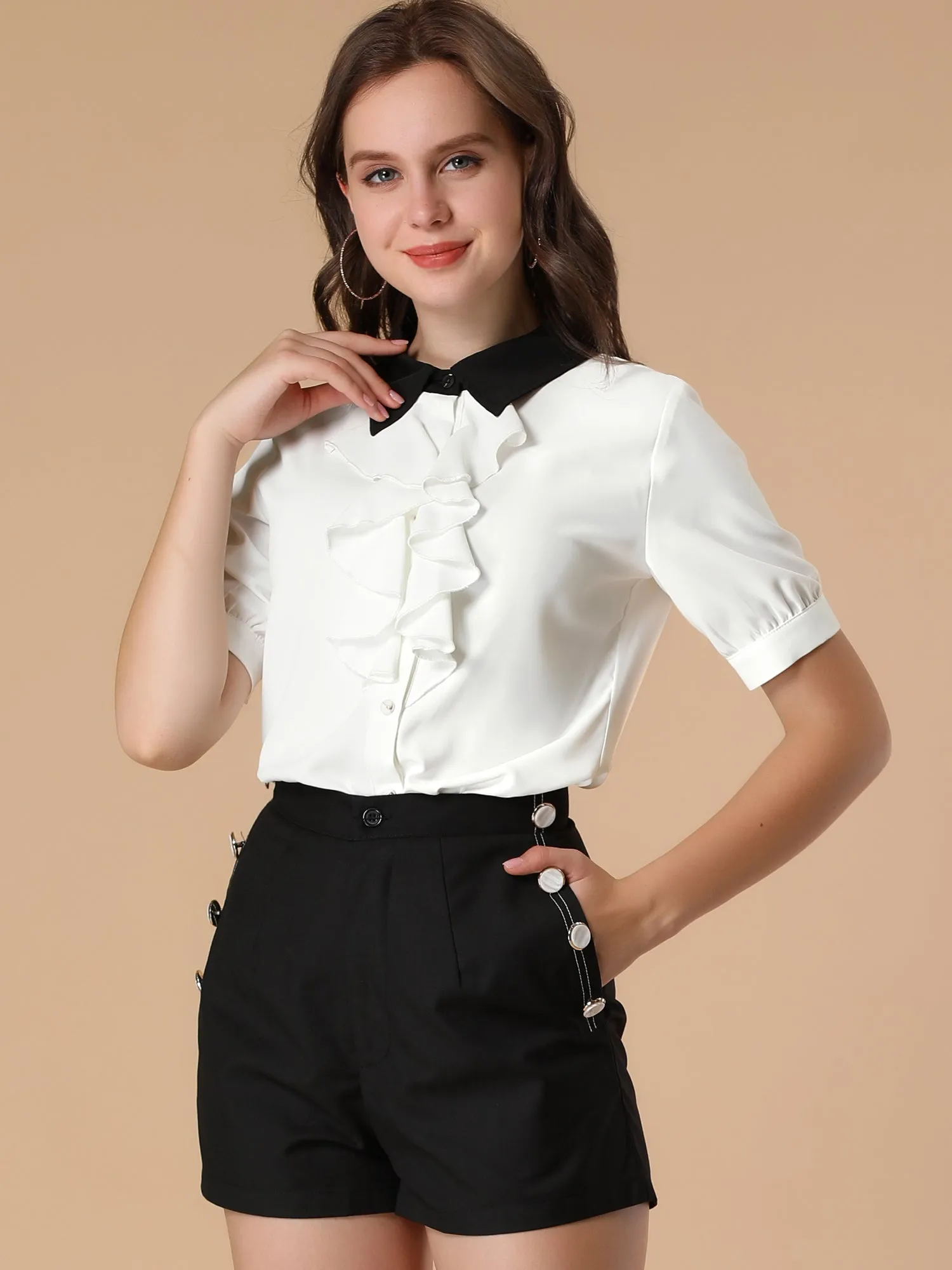 Contrast Collar Tie Ruffle Front Button Short Sleeve Work Shirt sold by Allegra K product image thumbnail 2