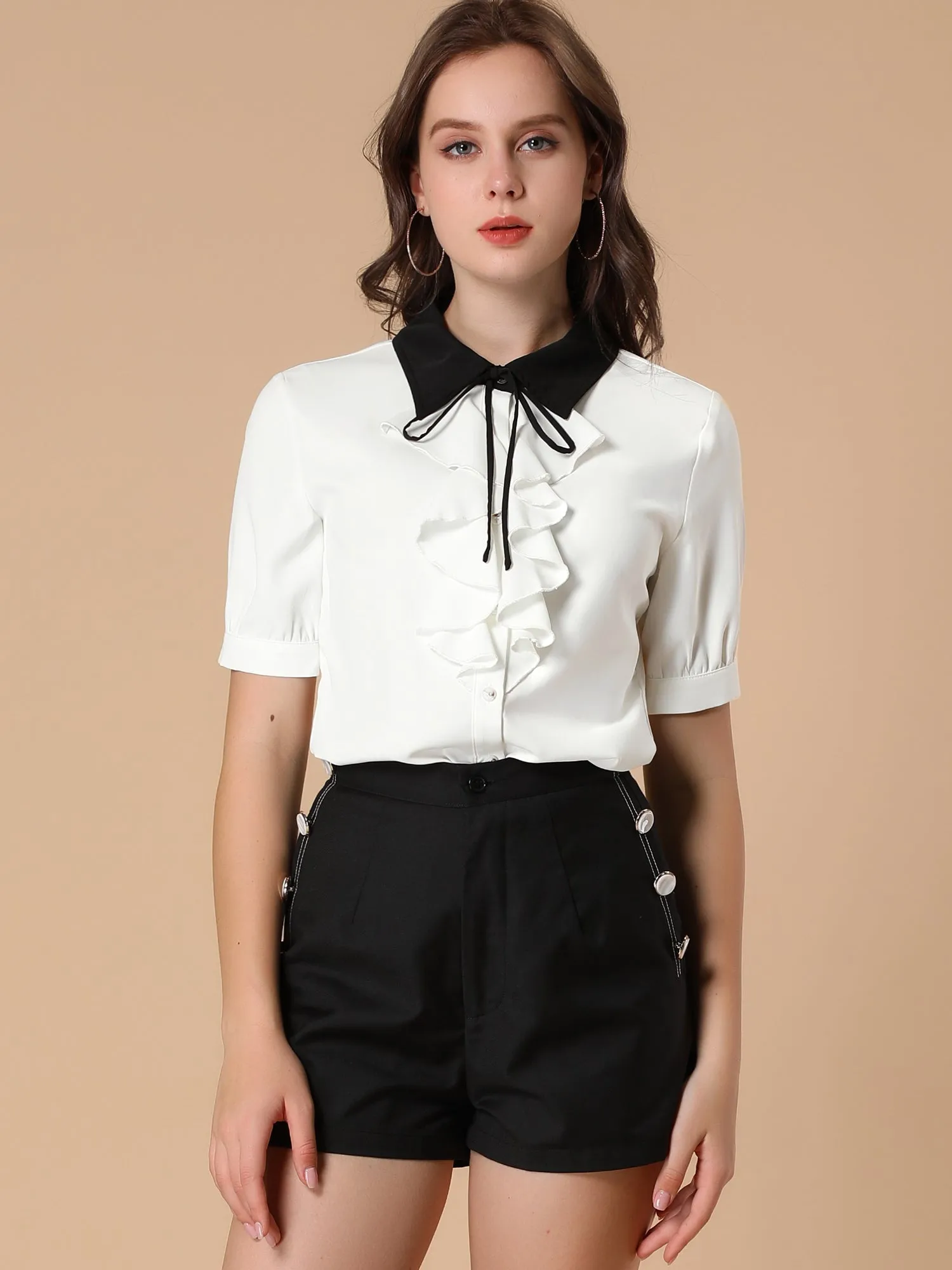 Contrast Collar Tie Ruffle Front Button Short Sleeve Work Shirt sold by Allegra K