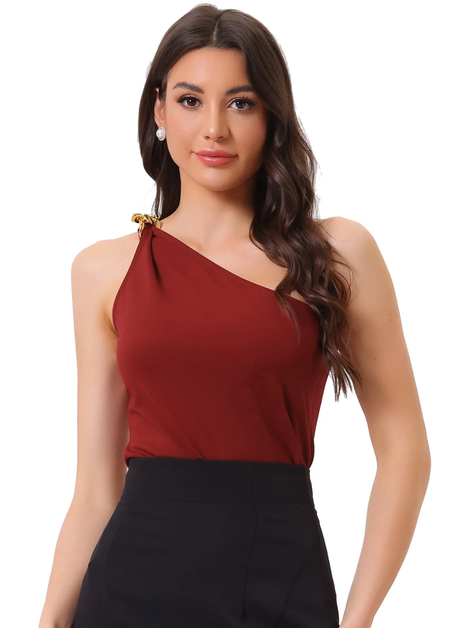 One Shoulder Sleeveless Chain Decor Solid Color Blouse sold by Allegra K product image thumbnail 4