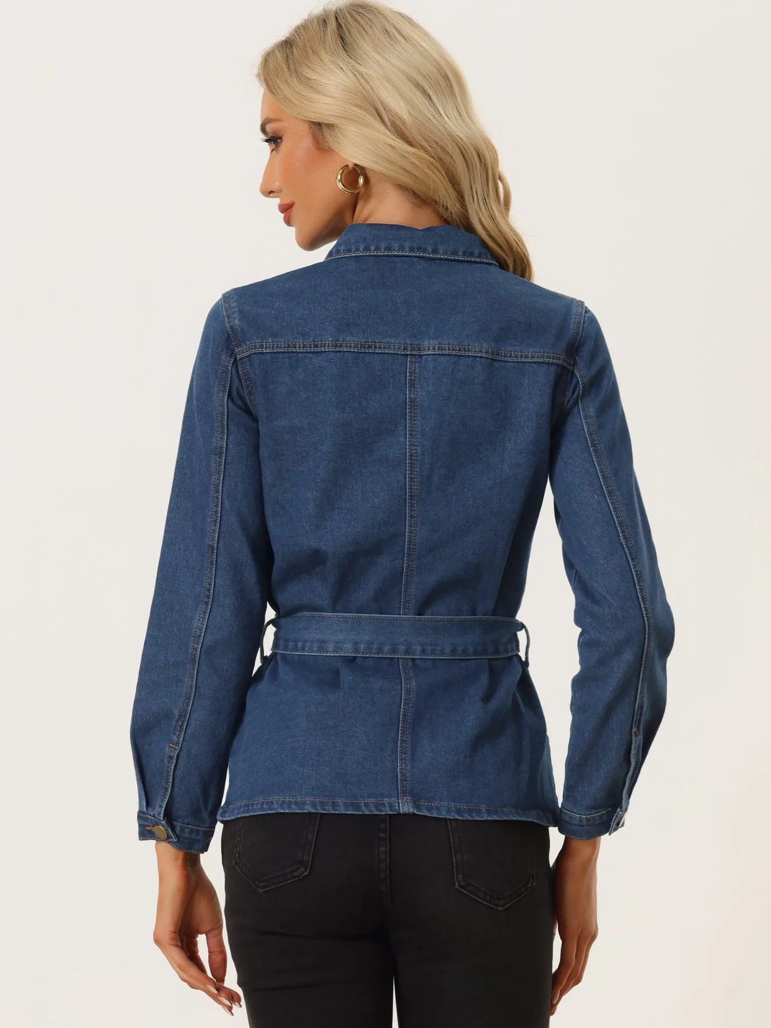 Denim Belted Lapel Collar Single Breasted Jean Jacket sold by Allegra K product image thumbnail 3