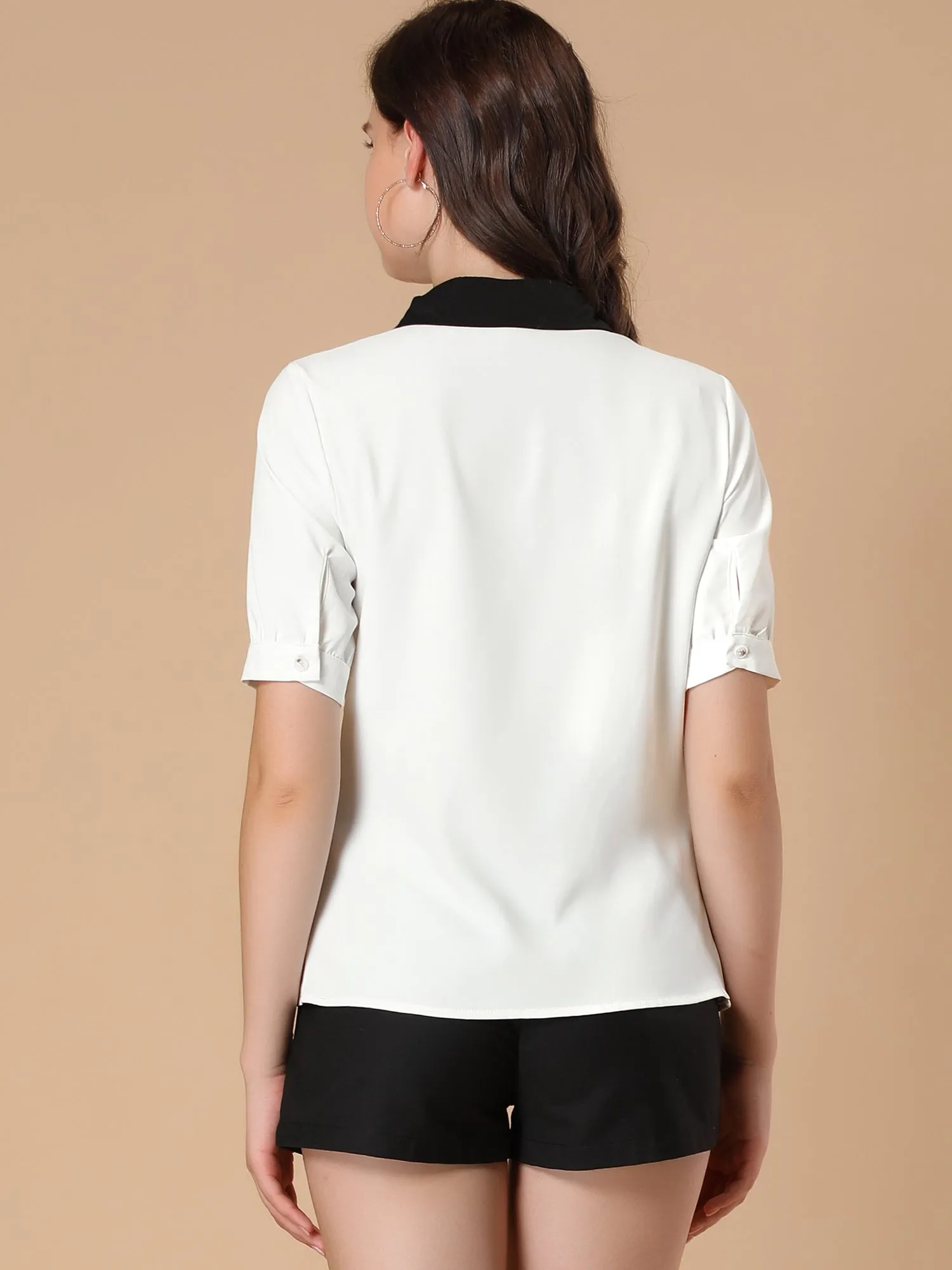 Contrast Collar Tie Ruffle Front Button Short Sleeve Work Shirt sold by Allegra K product image thumbnail 4