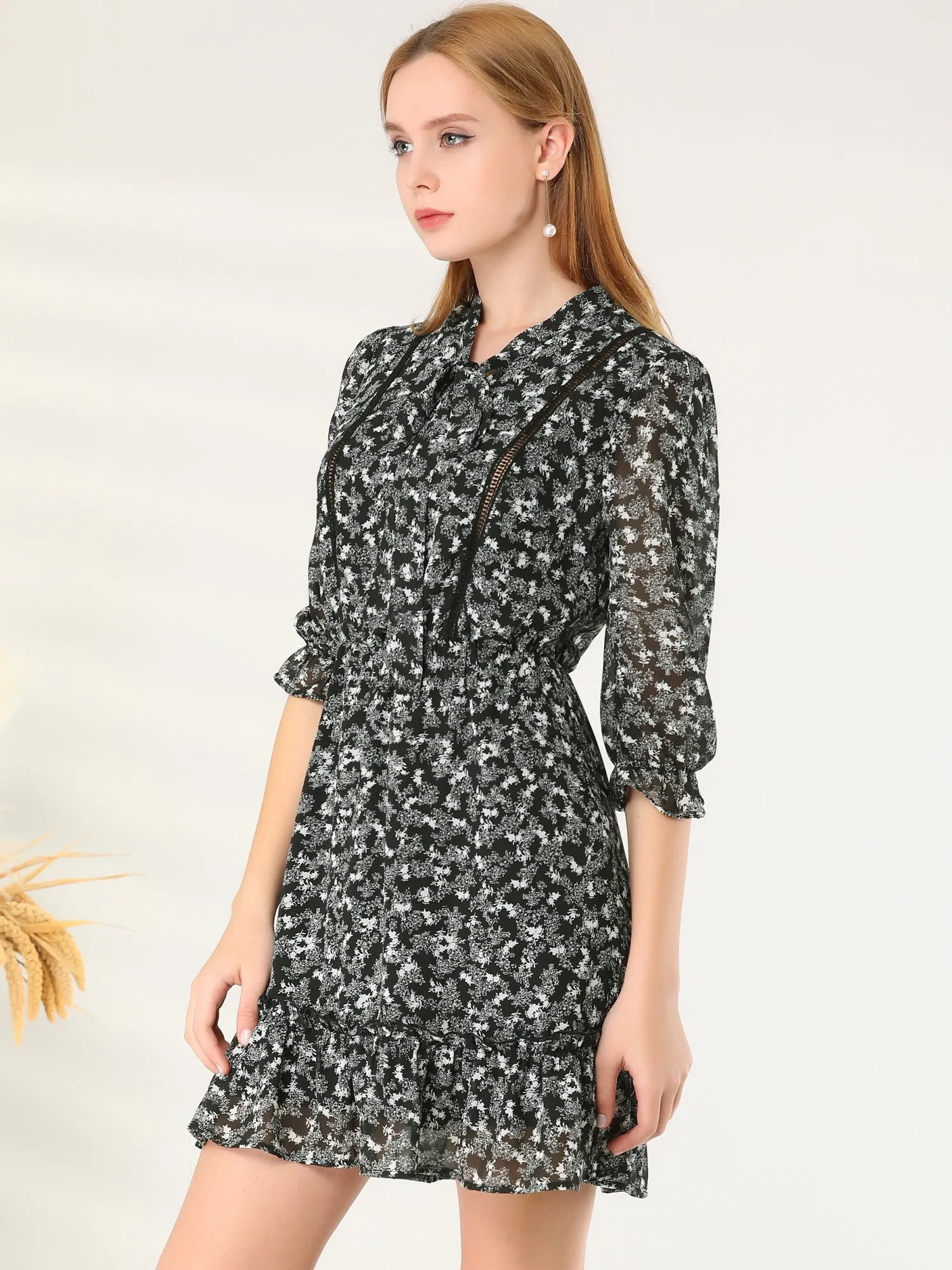 Puff Sleeve Front Ruffled Hem Casual Chiffon Floral Office Dress sold by Allegra K product image thumbnail 3
