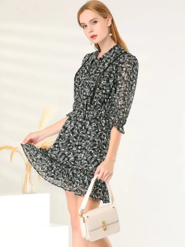 Puff Sleeve Front Ruffled Hem Casual Chiffon Floral Office Dress sold by Allegra K