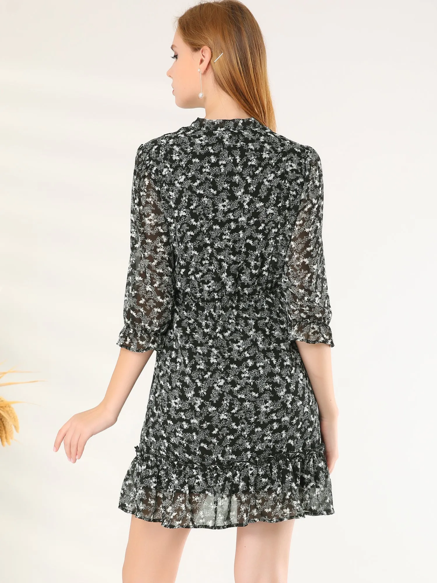 Puff Sleeve Front Ruffled Hem Casual Chiffon Floral Office Dress sold by Allegra K product image thumbnail 5