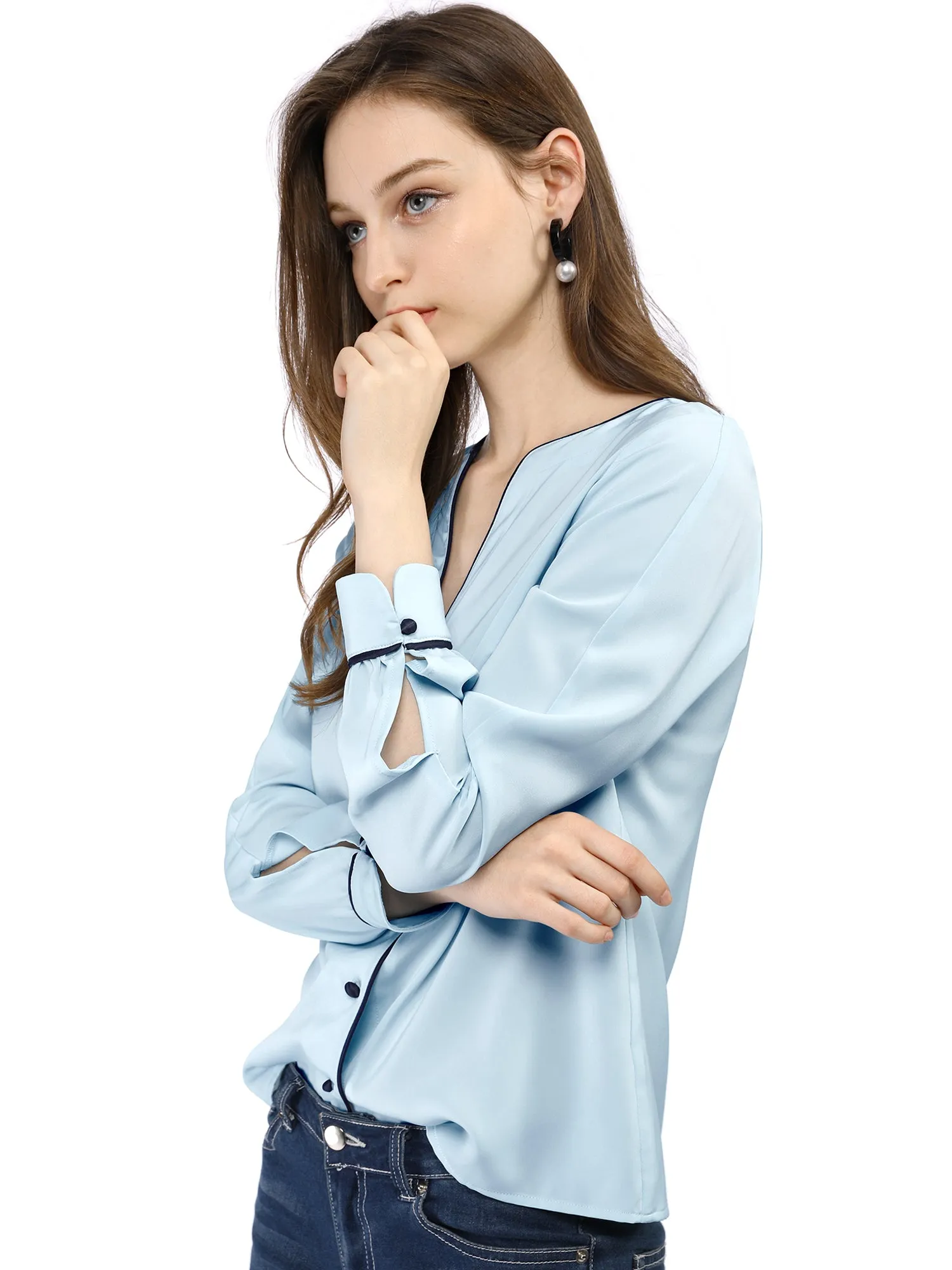 V Neck Long Sleeve Contrast Color Piped Button Up Chiffon Blouse sold by Allegra K product image thumbnail 4