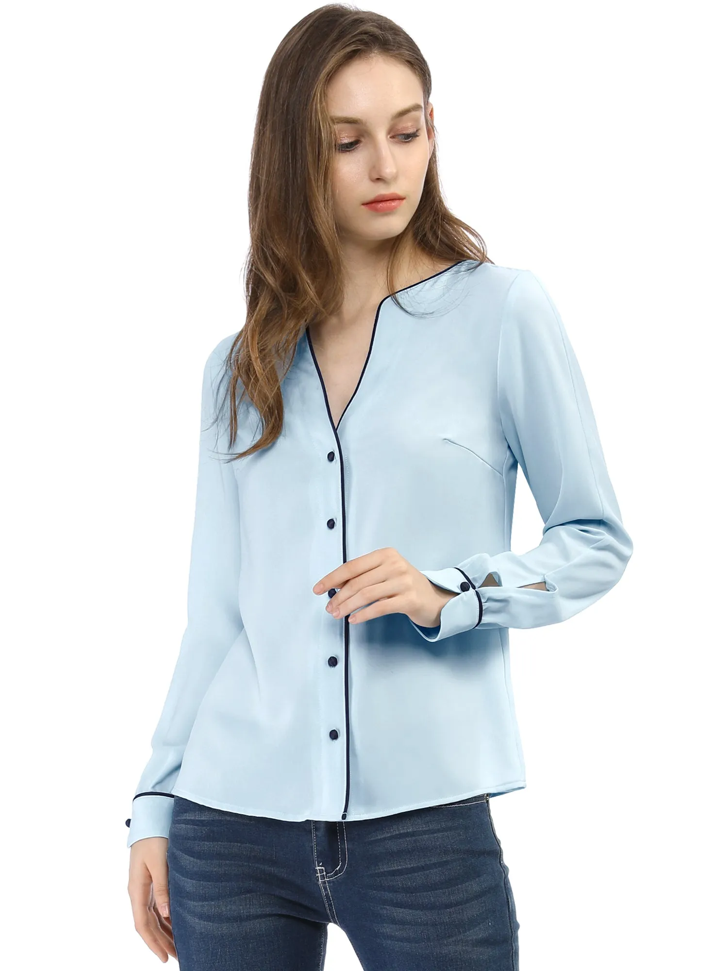 V Neck Long Sleeve Contrast Color Piped Button Up Chiffon Blouse sold by Allegra K product image thumbnail 2