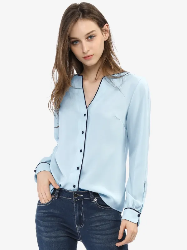 V Neck Long Sleeve Contrast Color Piped Button Up Chiffon Blouse sold by Allegra K