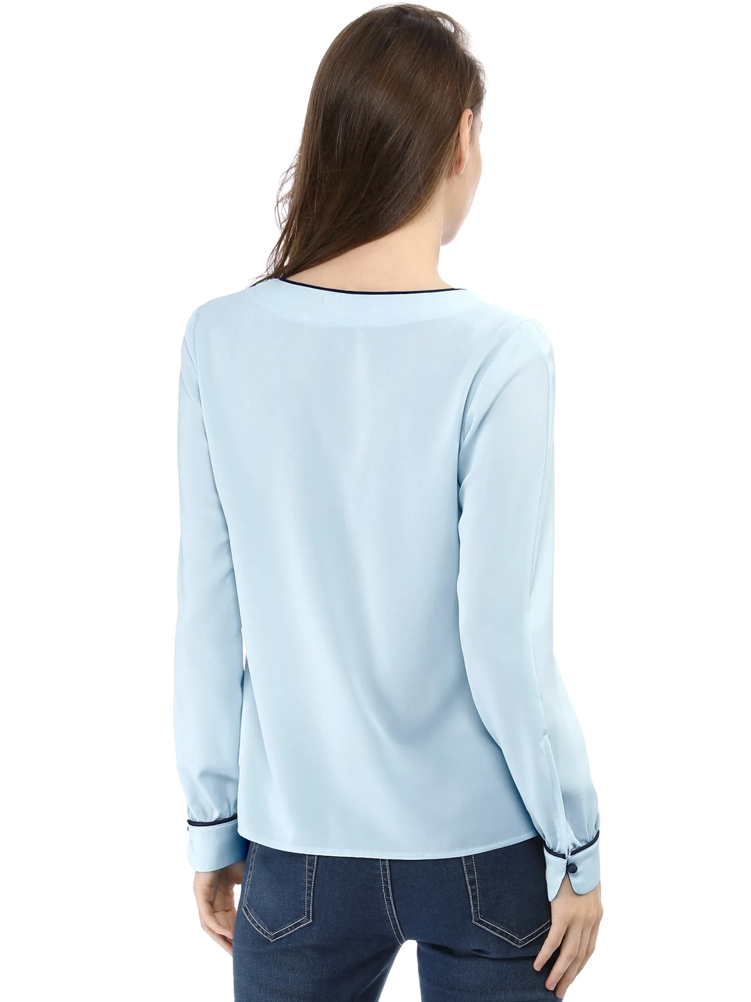 V Neck Long Sleeve Contrast Color Piped Button Up Chiffon Blouse sold by Allegra K product image thumbnail 5