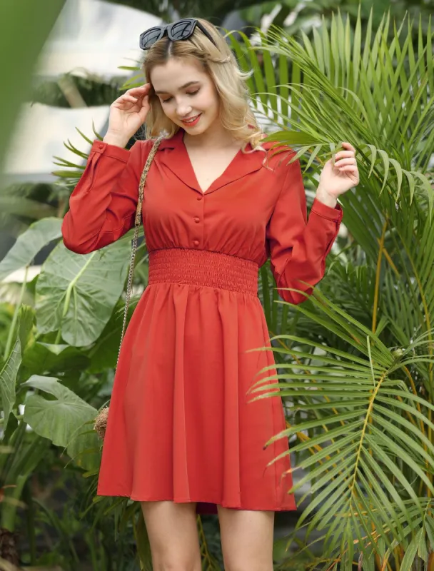 Notched Lapel Buttons Stretchy Smocked Waist Vintage A-Line Dress sold by Allegra K