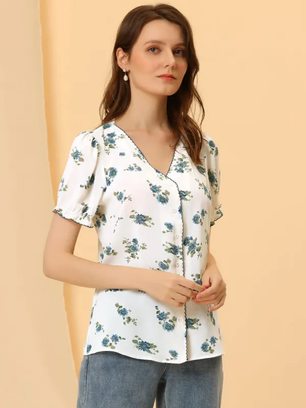 Floral Blouse for V Neck Short Sleeve Button Down Top sold by Allegra K