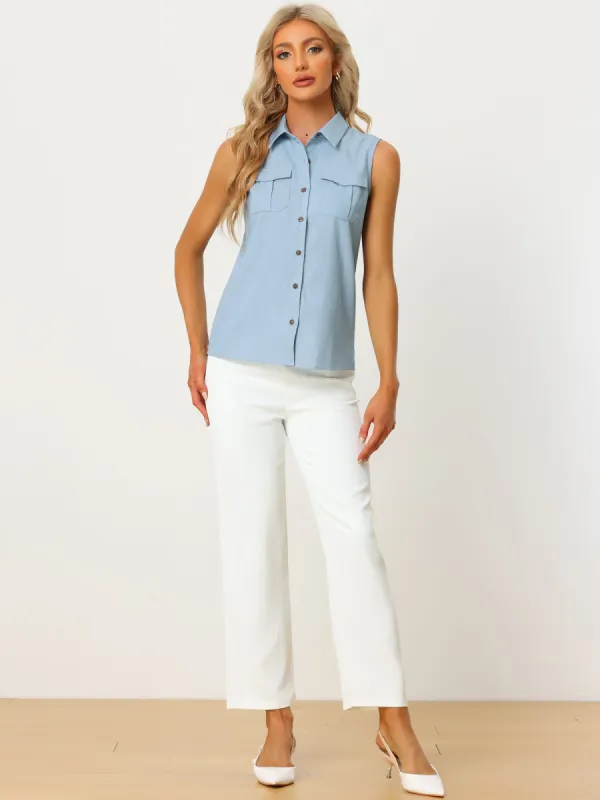 Sleeveless Work Summer Casual Collared Tank Top Button Down Shirt sold by Allegra K