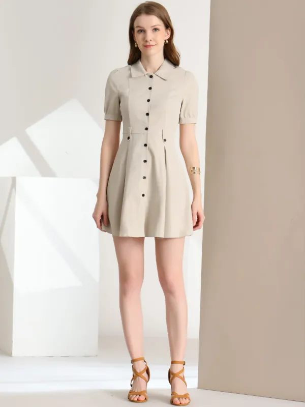 Belted Short Puff Sleeve Button Down A-line Shirt Dress sold by Allegra K
