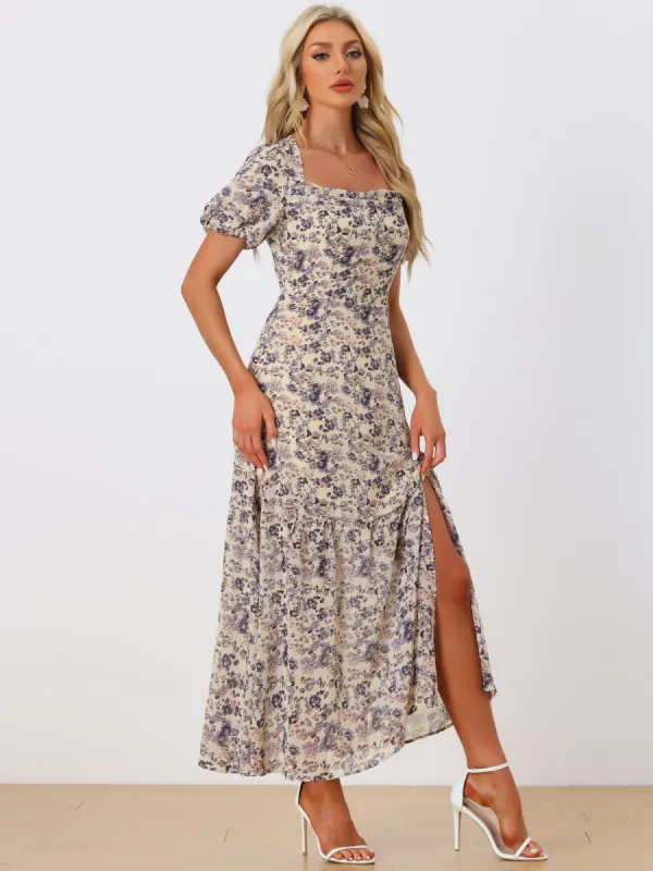 Floral Puff Sleeves Square Neck Ruffle Slit Maxi Dress sold by Allegra K