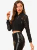Stand Collar Zip Up Mesh Sheer Lace Crop Bomber Jacket sold by Allegra K