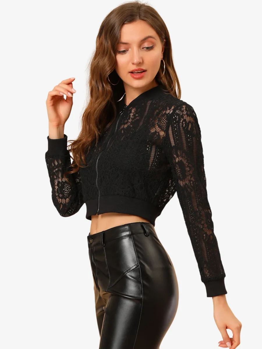 Stand Collar Zip Up Mesh Sheer Lace Crop Bomber Jacket sold by Allegra K