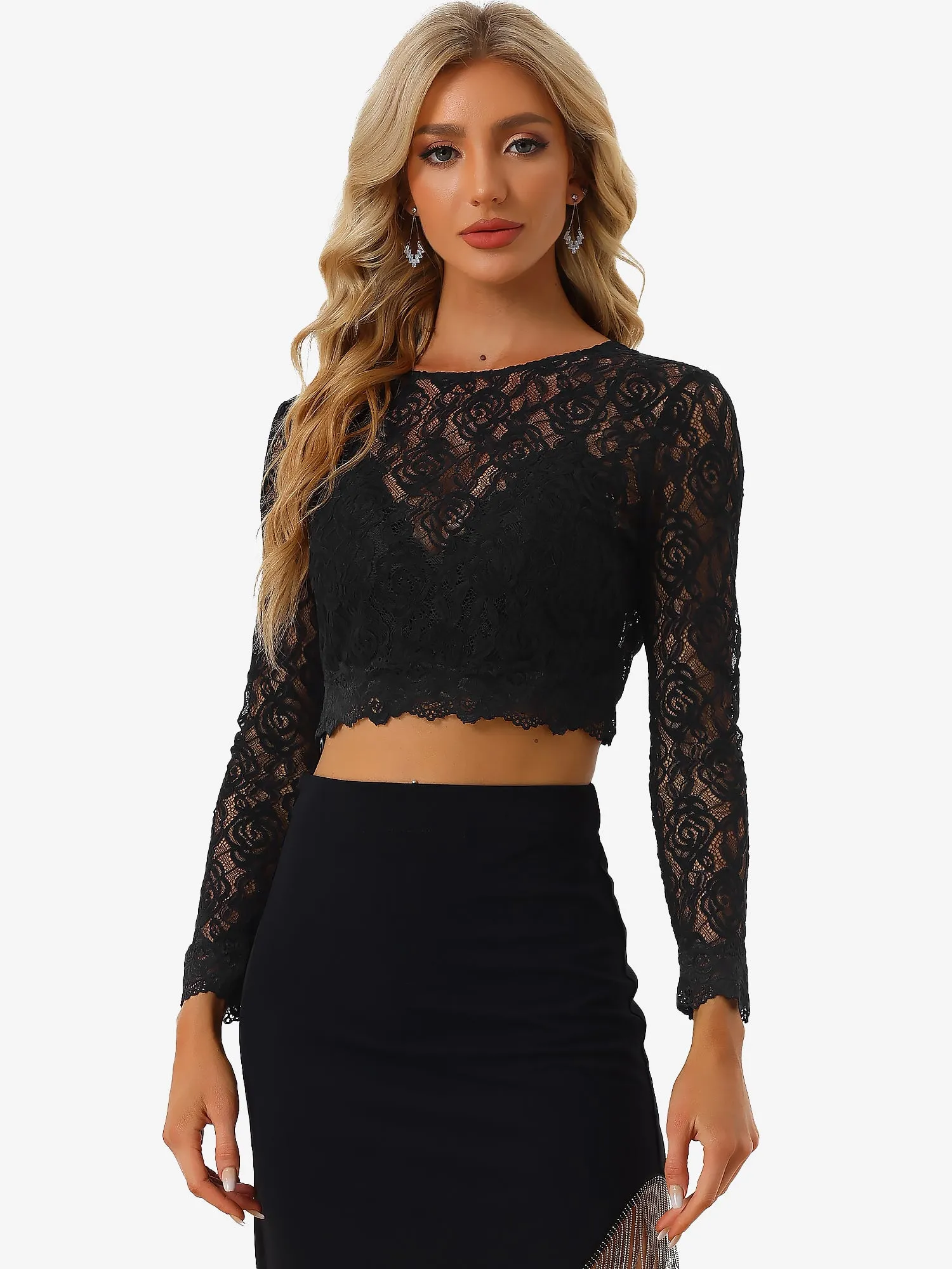 Sheer Long Sleeve Crew Neck Sexy Lace Cropped Top Blouse sold by Allegra K
