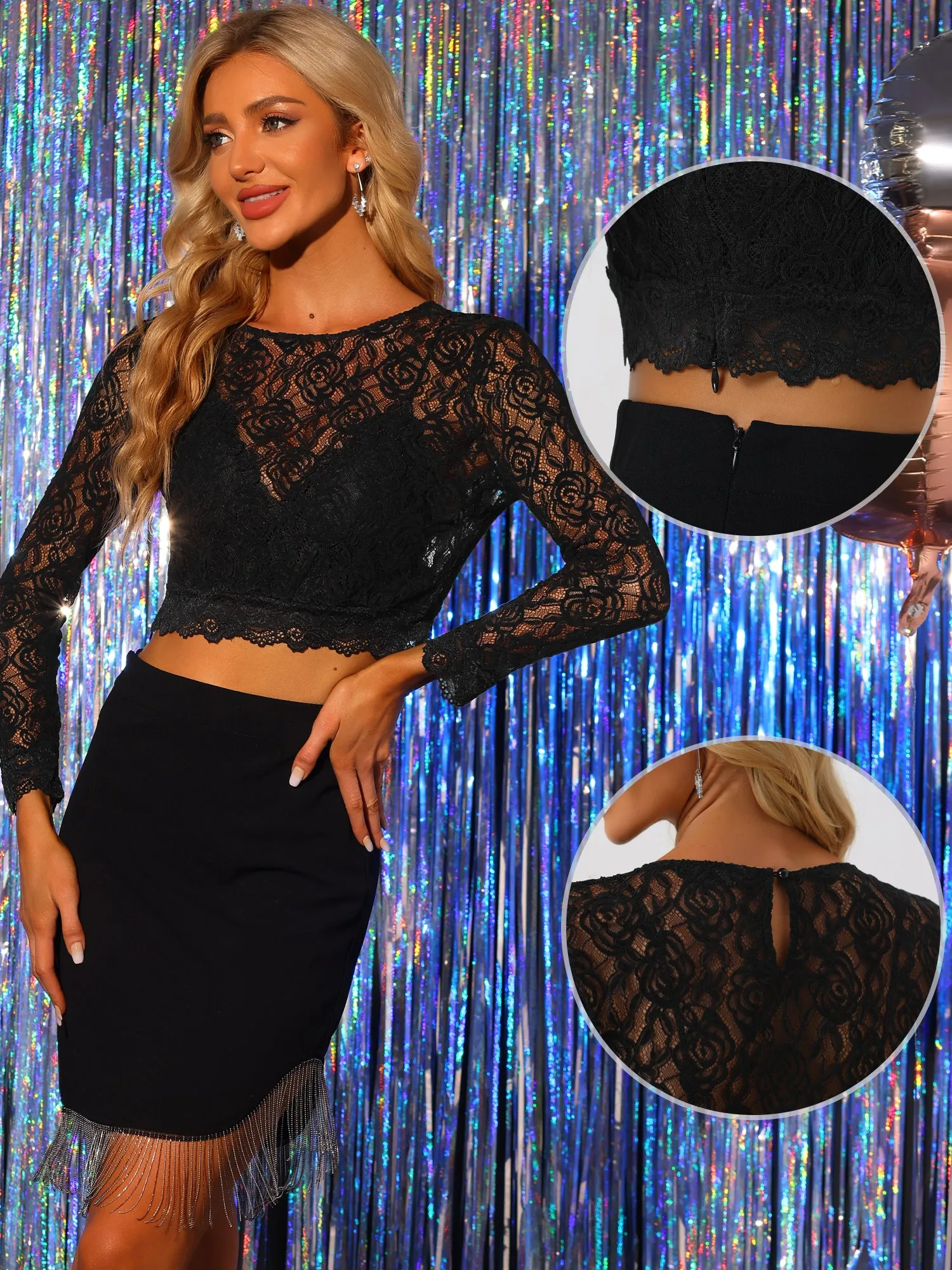 Sheer Long Sleeve Crew Neck Sexy Lace Cropped Top Blouse sold by Allegra K product image thumbnail 2