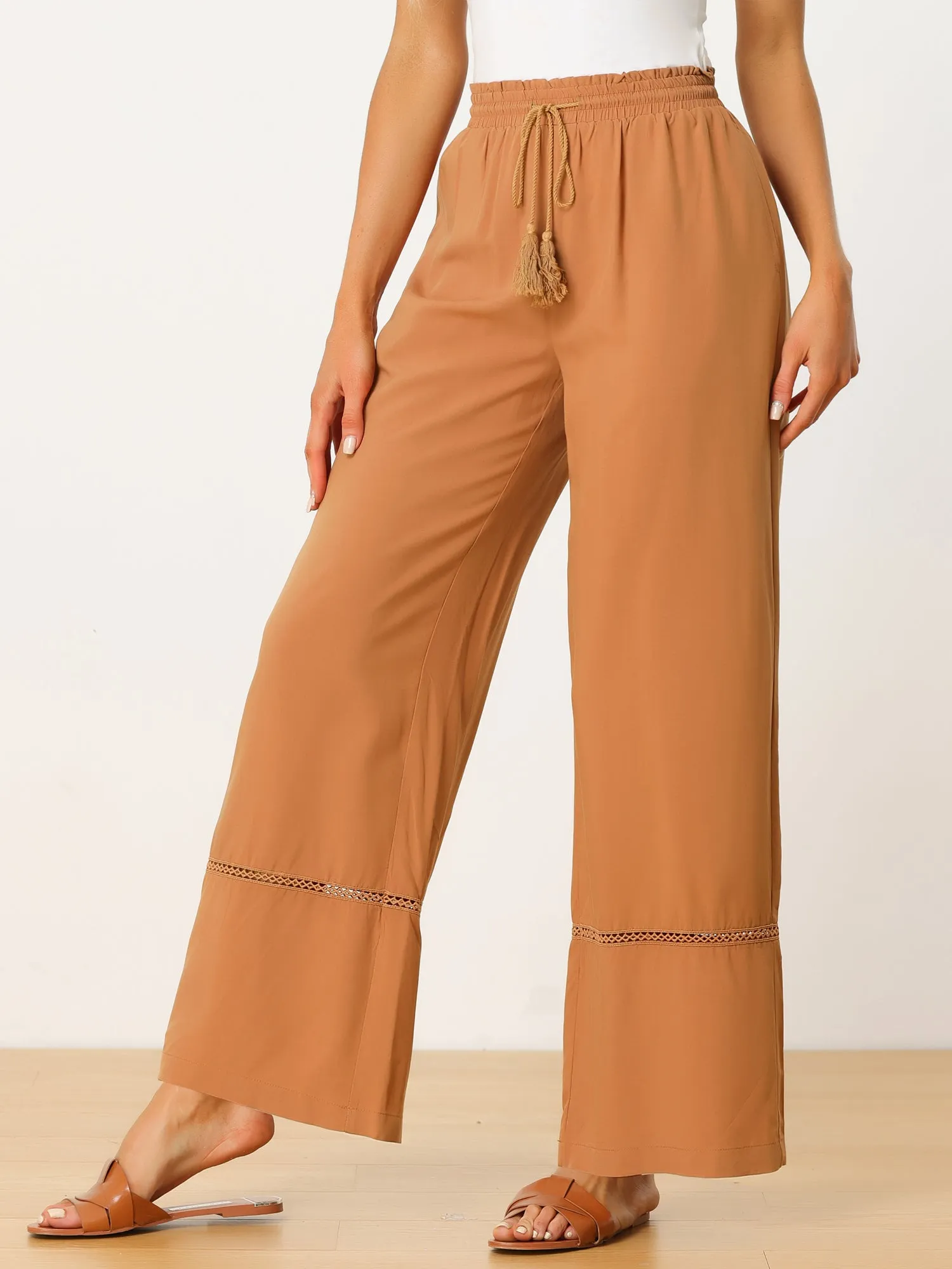 Casual Loose High Waist Drawstring Wide Leg Palazzo Paper Bag Pants sold by Allegra K