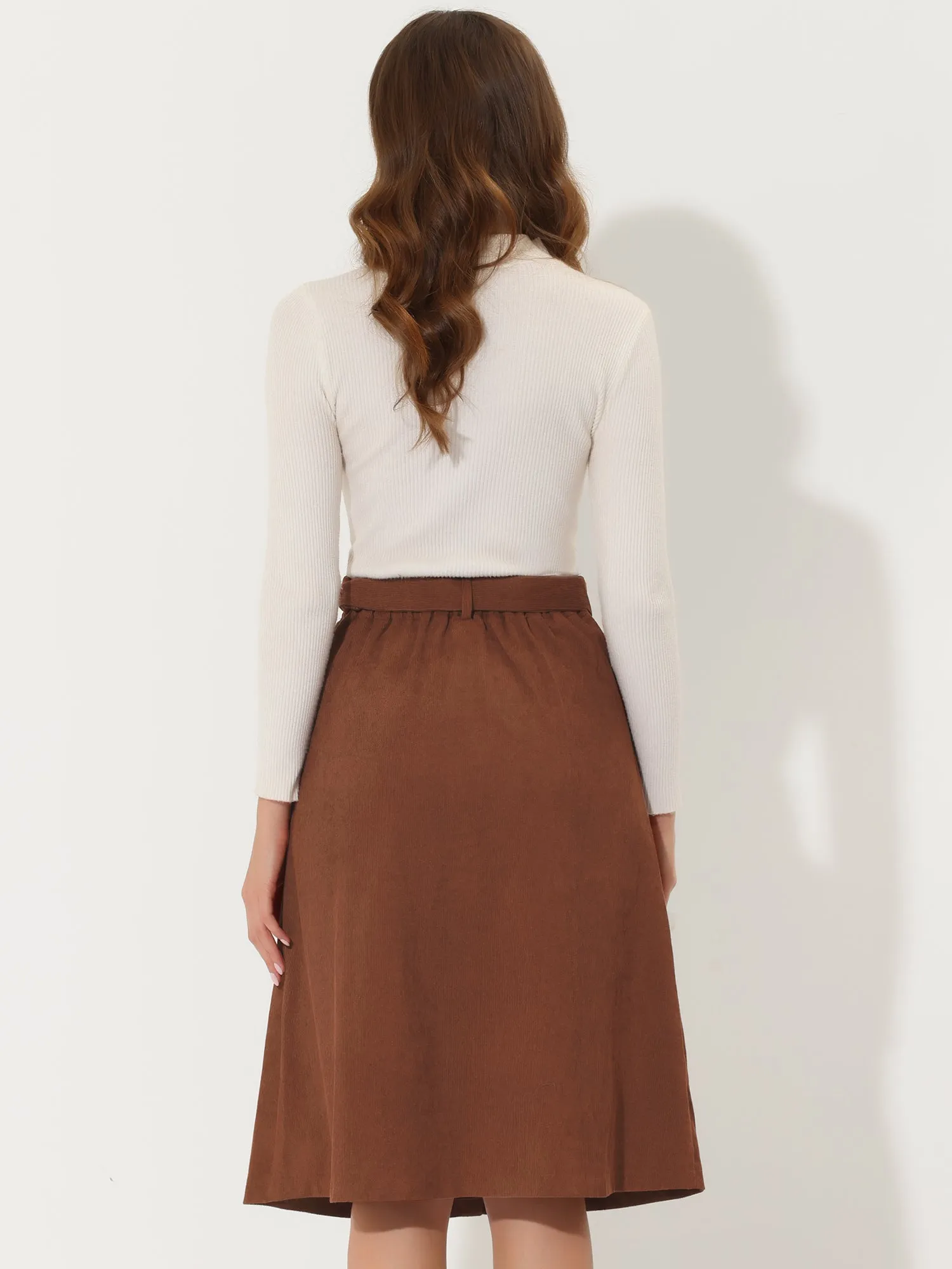 High Waist Button Front A-Line Belted Corduroy Midi Skirt sold by Allegra K product image thumbnail 3