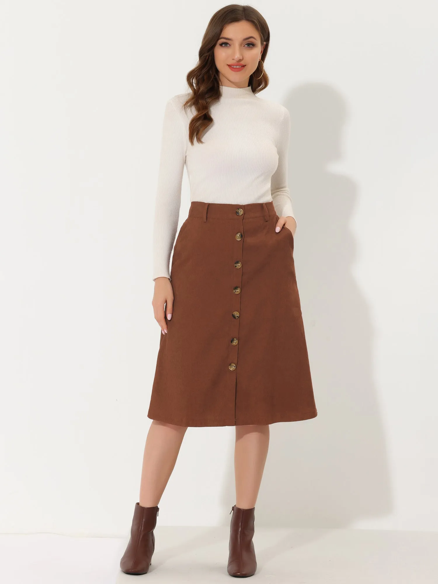 High Waist Button Front A-Line Belted Corduroy Midi Skirt sold by Allegra K