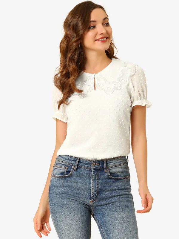Summer Short Sleeve Top Lace Collar Swiss Dots Chiffon Blouse sold by Allegra K