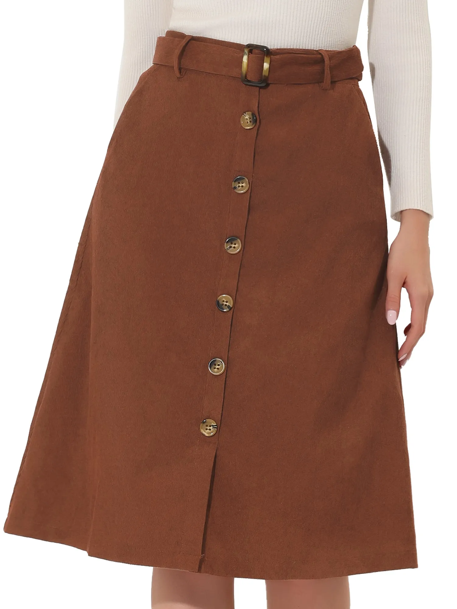 High Waist Button Front A-Line Belted Corduroy Midi Skirt sold by Allegra K product image thumbnail 4
