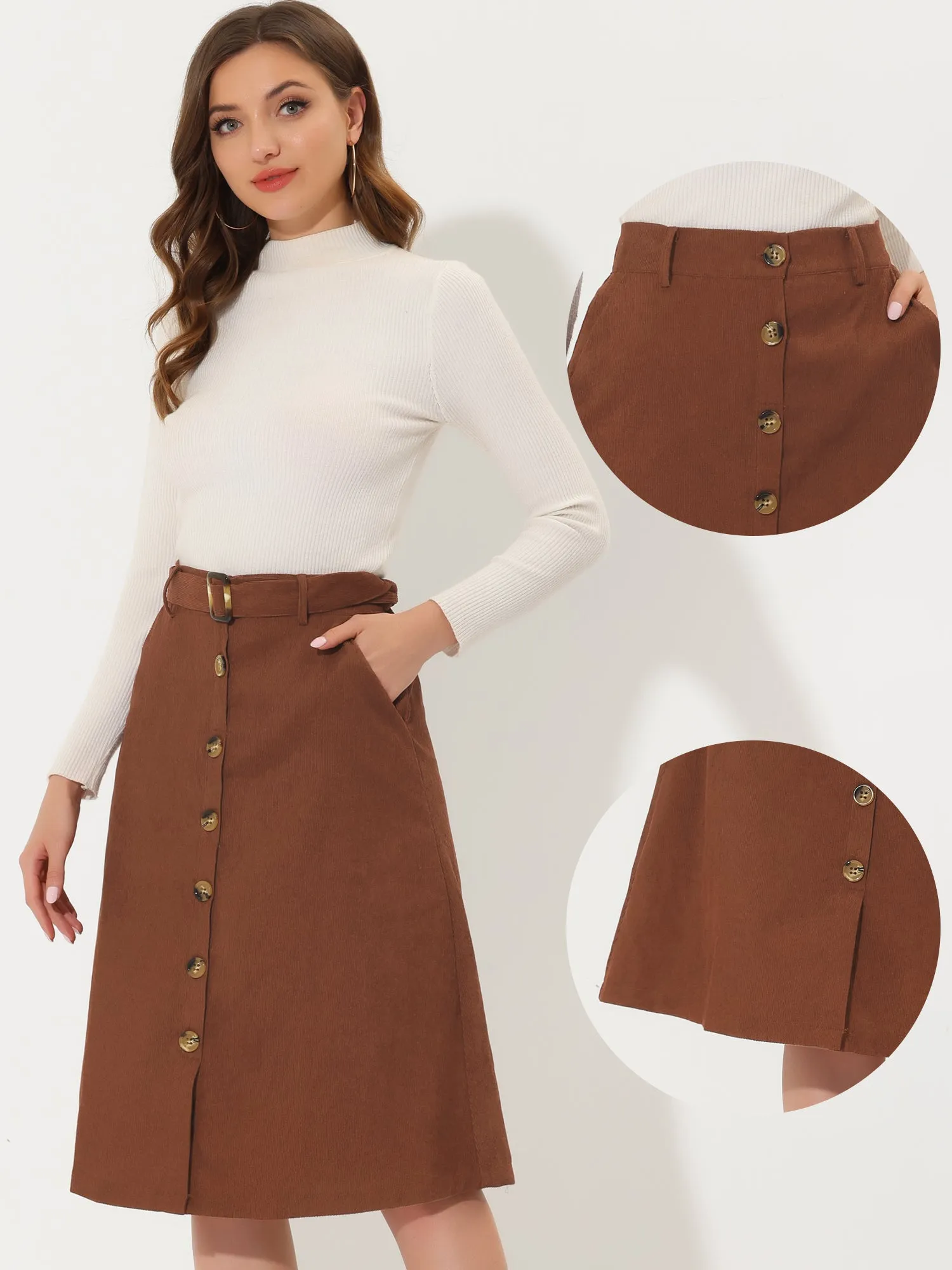 High Waist Button Front A-Line Belted Corduroy Midi Skirt sold by Allegra K product image thumbnail 2