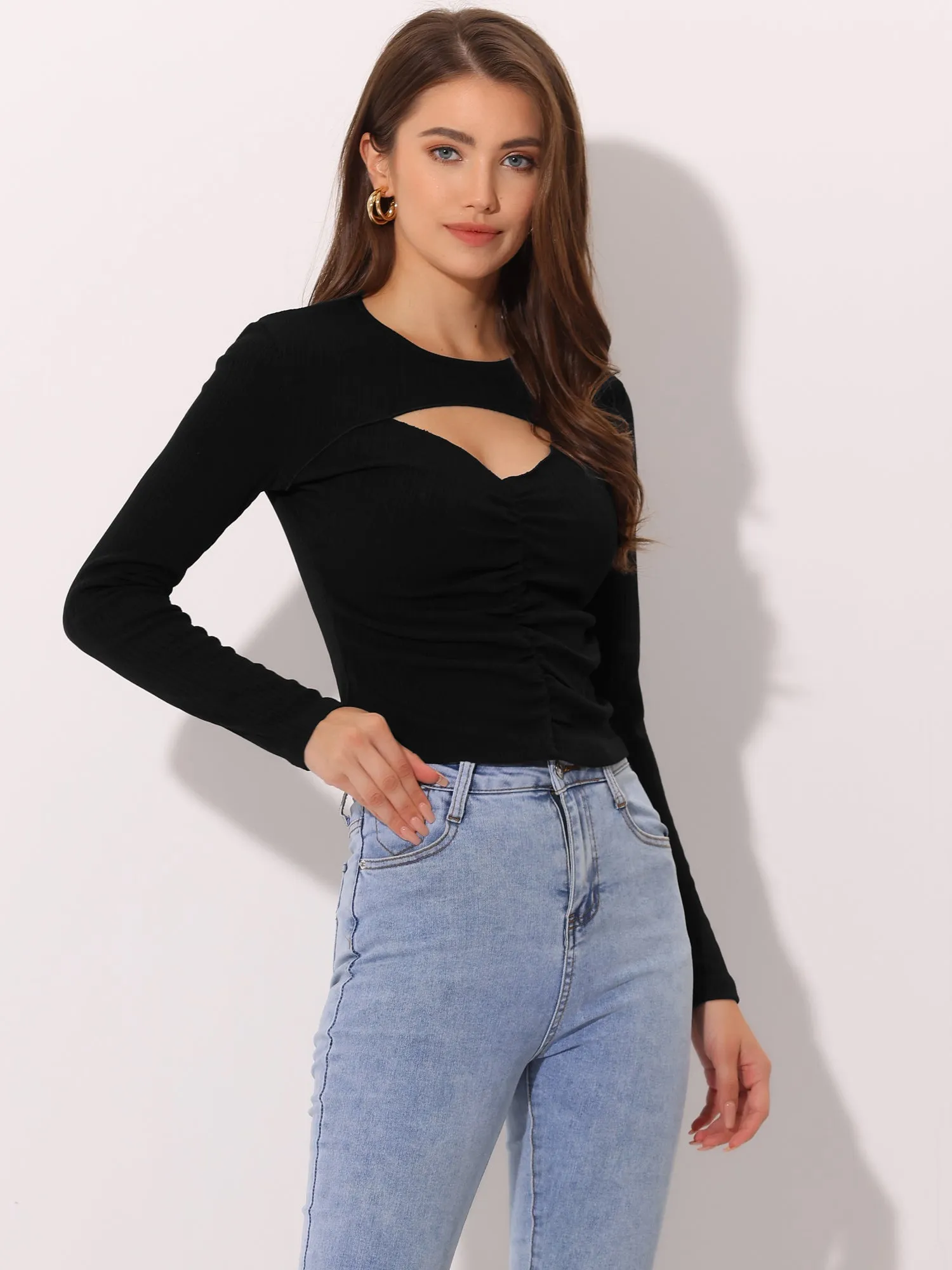 Sexy Long Sleeve Cut Out Front Stretch Ruched Knit T-Shirt sold by Allegra K product image thumbnail 3