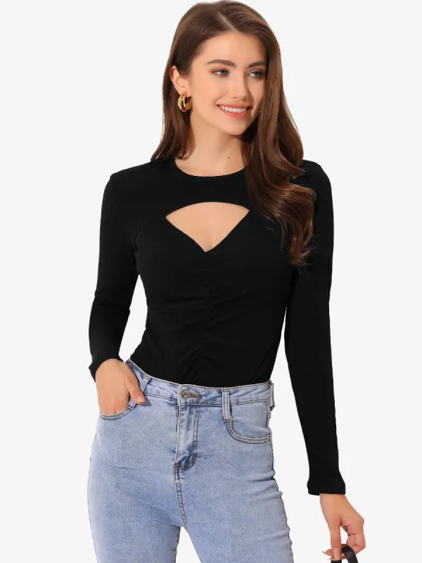 Sexy Long Sleeve Cut Out Front Stretch Ruched Knit T-Shirt sold by Allegra K