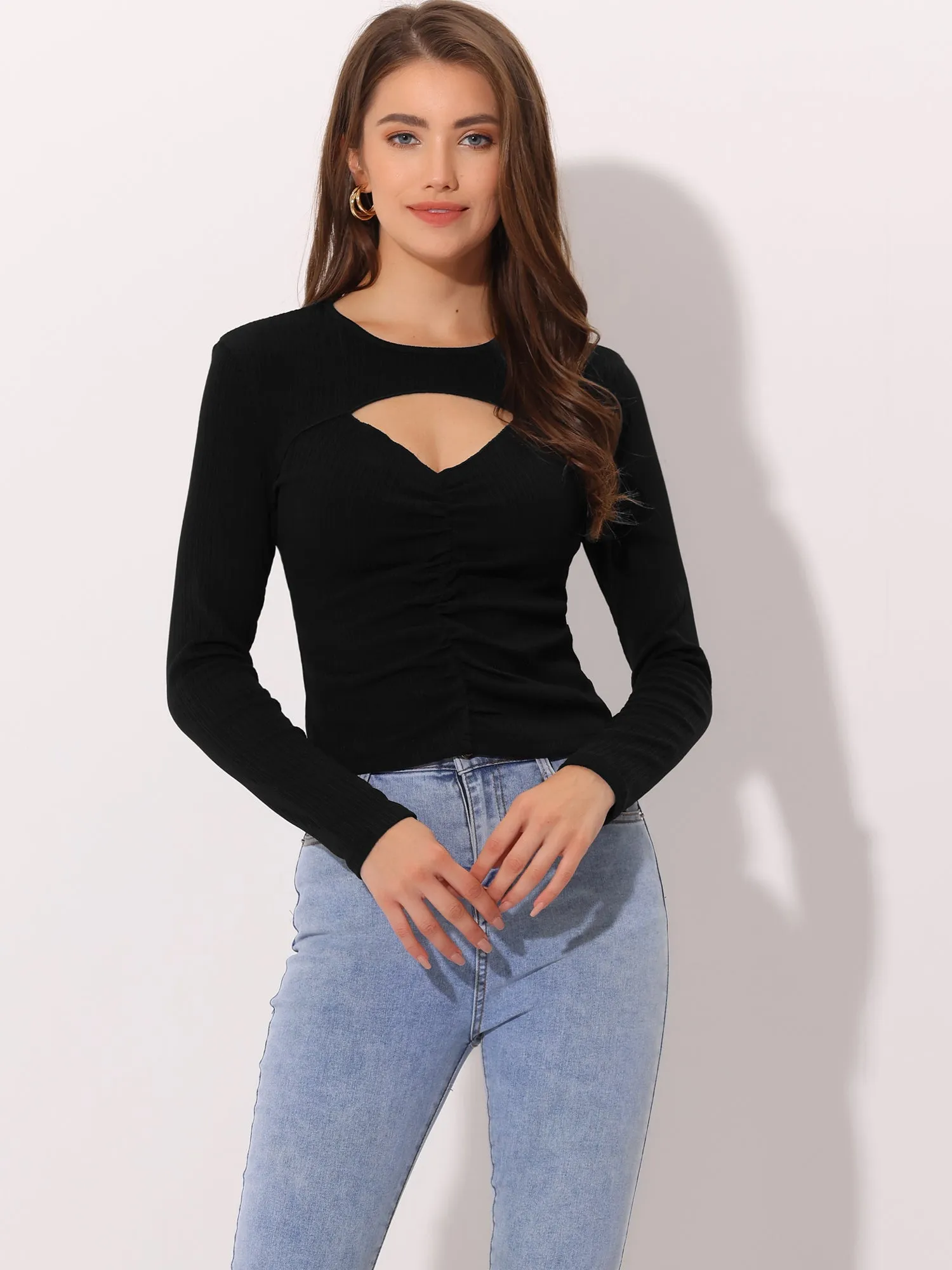 Sexy Long Sleeve Cut Out Front Stretch Ruched Knit T-Shirt sold by Allegra K product image thumbnail 2