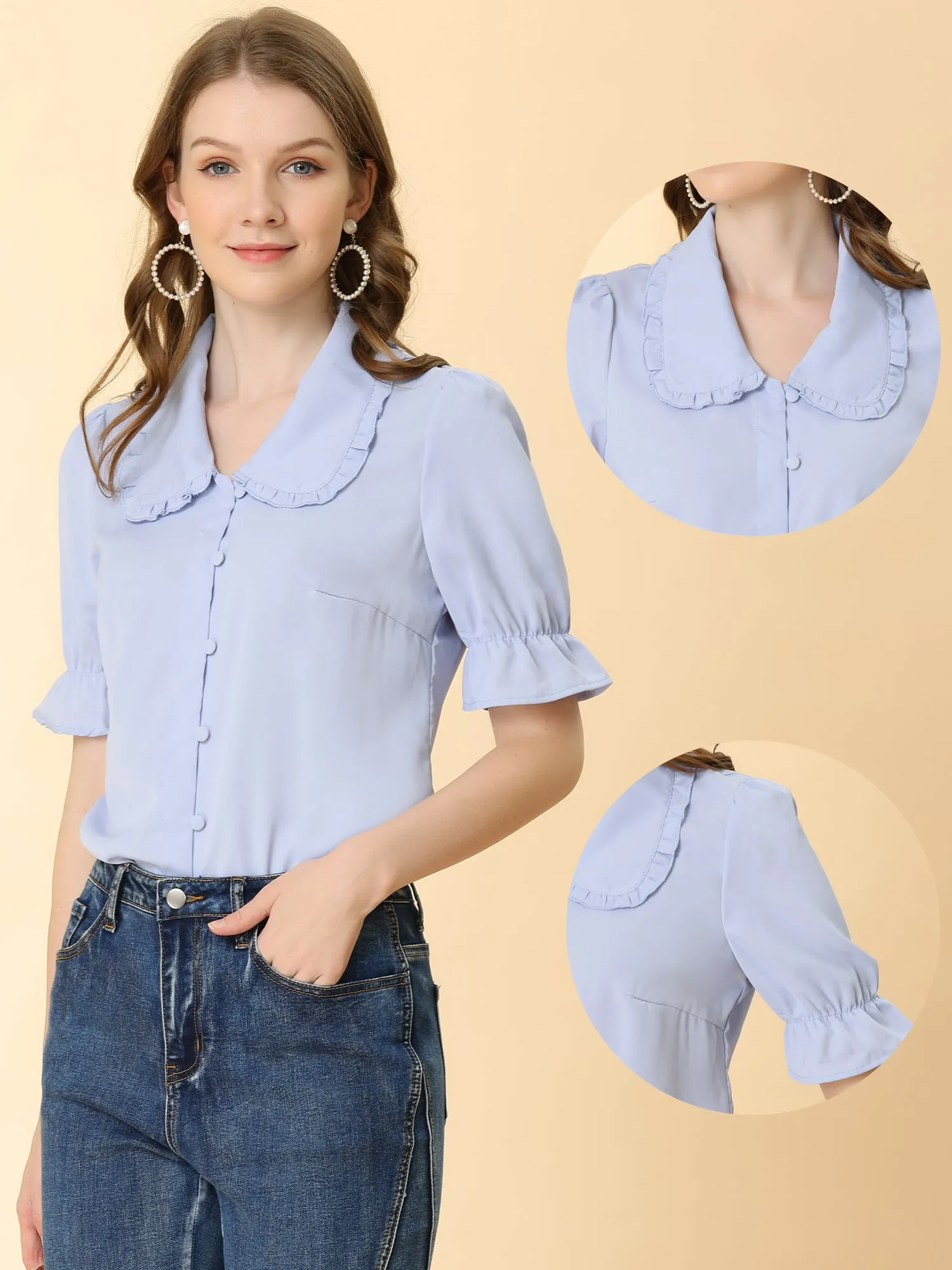 Office Blouse Ruffled Puff Sleeve Peter Pan Collar Shirt Top sold by Allegra K product image thumbnail 2