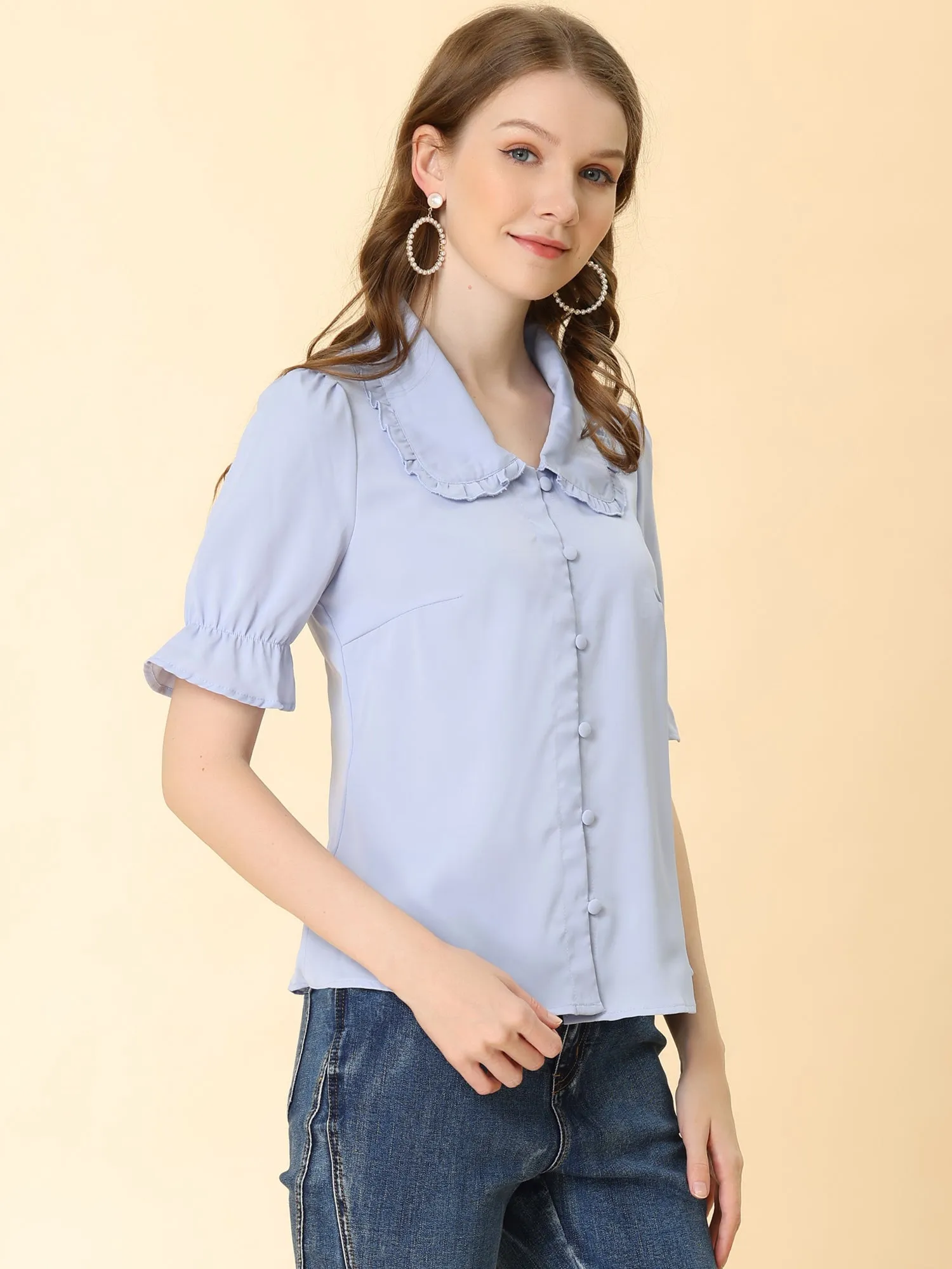 Office Blouse Ruffled Puff Sleeve Peter Pan Collar Shirt Top sold by Allegra K