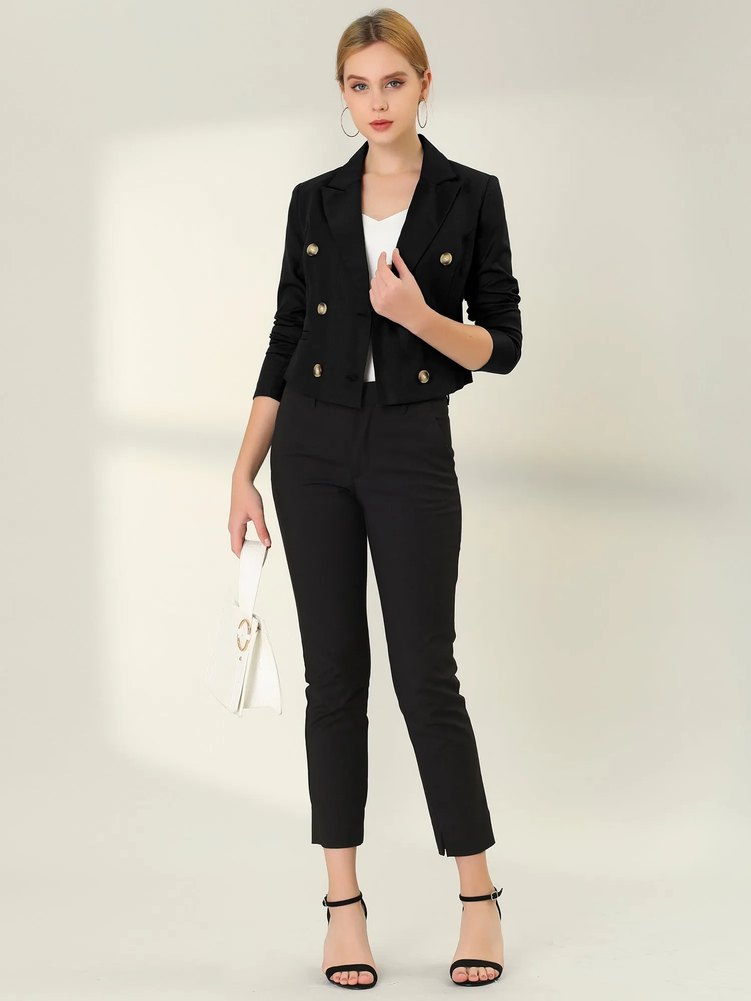 Double Breasted Notched Lapel Jacket Slim Fit Cropped Blazer sold by Allegra K product image thumbnail 2