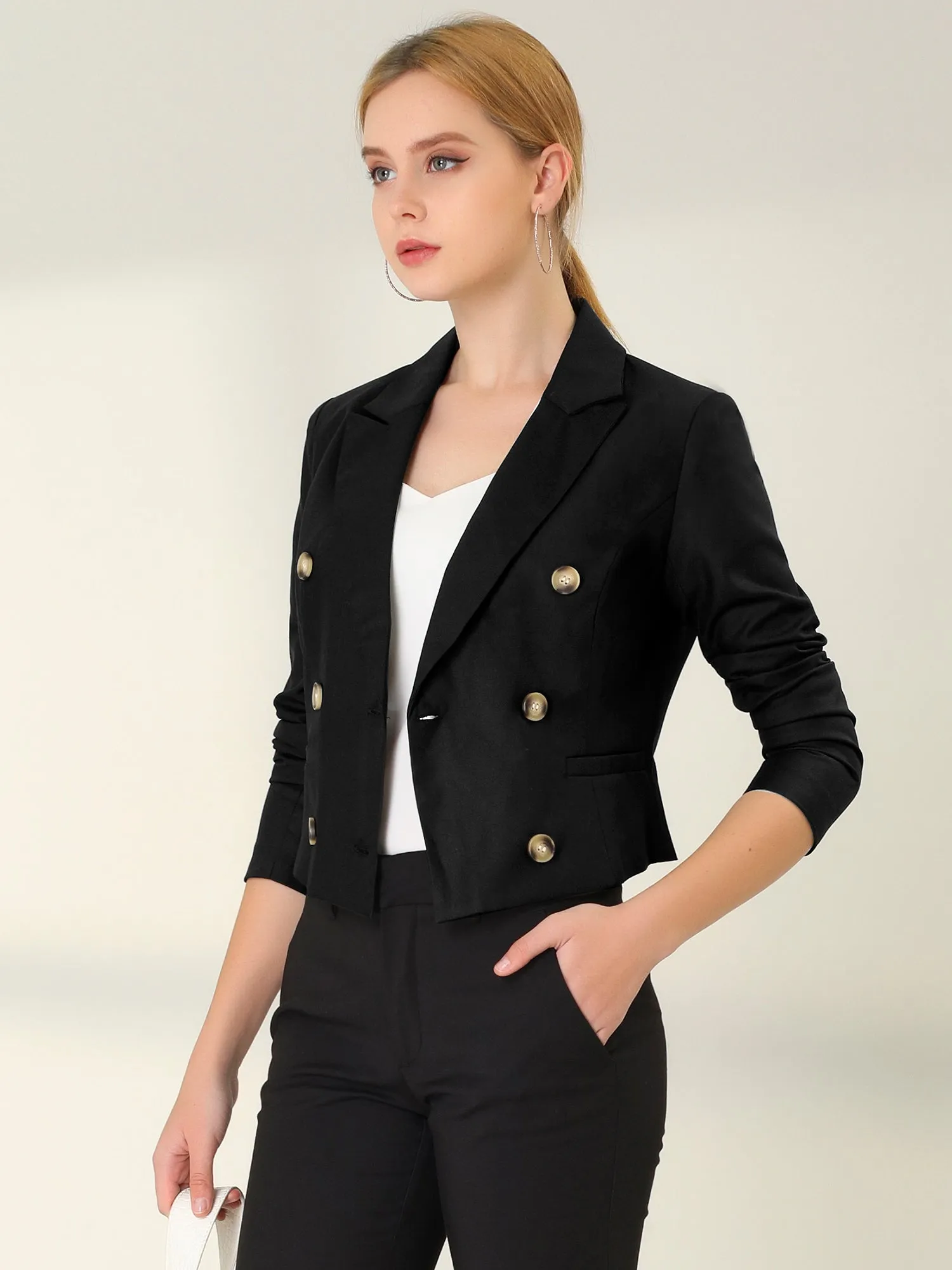 Double Breasted Notched Lapel Jacket Slim Fit Cropped Blazer sold by Allegra K