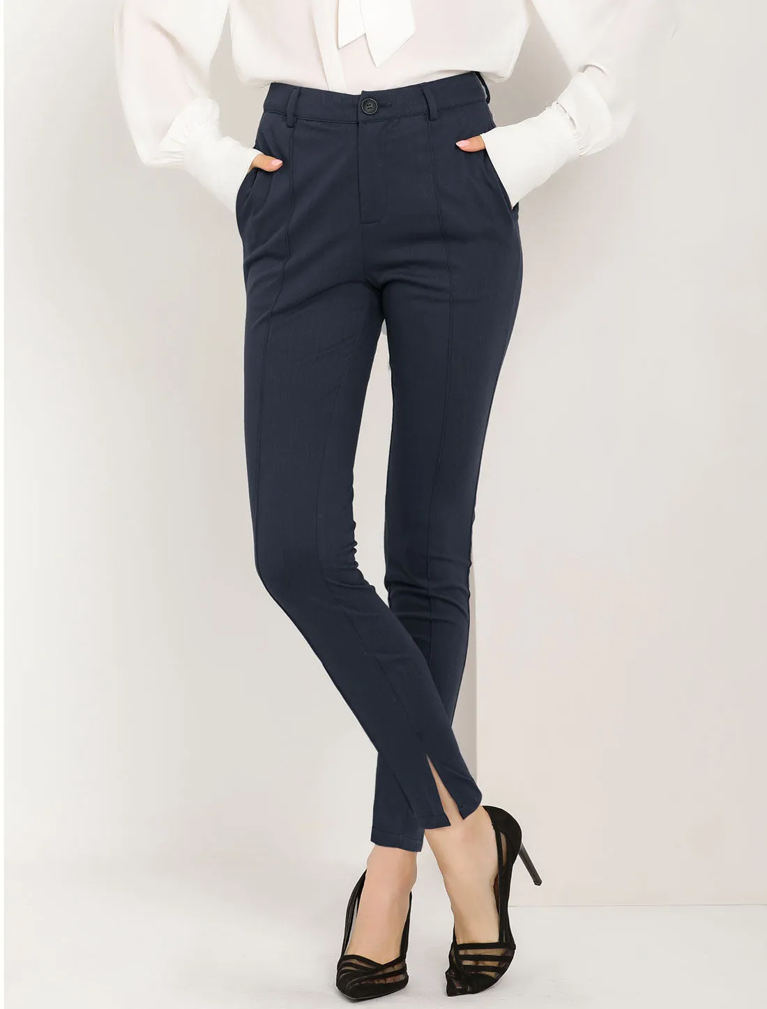 Work Pintuck Solid Straight High Waist Slit Hem Slim Pants sold by Allegra K product image thumbnail 2