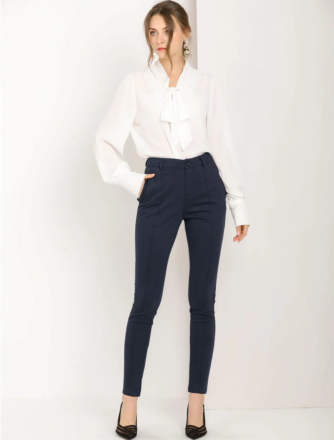 Work Pintuck Solid Straight High Waist Slit Hem Slim Pants sold by Allegra K product image thumbnail 4
