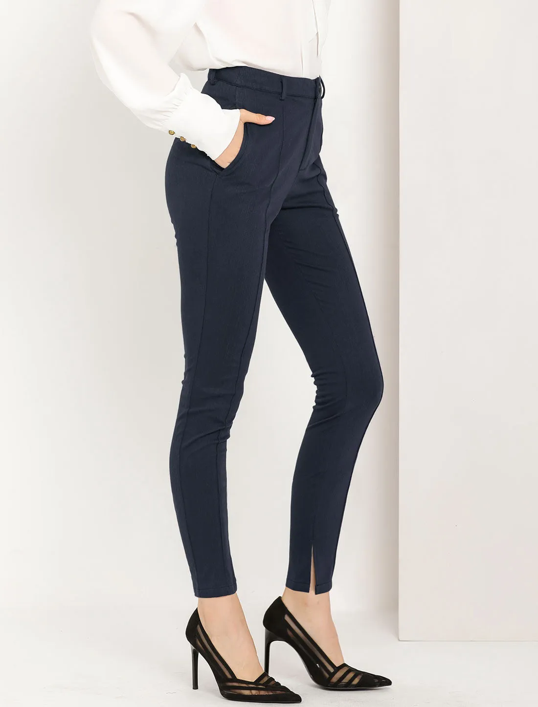 Work Pintuck Solid Straight High Waist Slit Hem Slim Pants sold by Allegra K