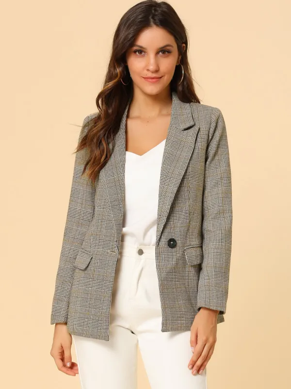 Plaid Notched Lapel One Button Houndstooth Blazer Jacket sold by Allegra K