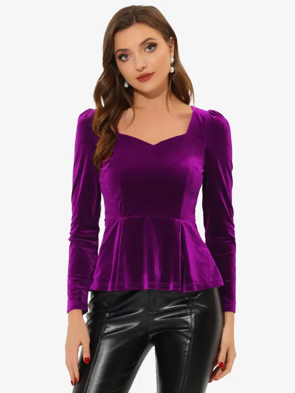 Velvet Blouse Elegant Sweetheart Neck Long Sleeve Peplum Top sold by Allegra K