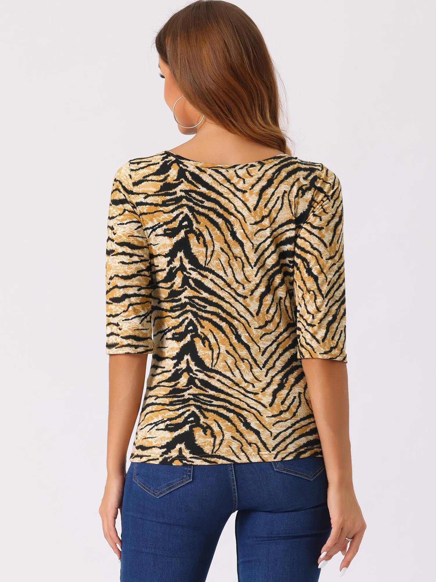 Casual 3/4 Sleeve Round Neck Striped Printed T-Shirt sold by Allegra K product image thumbnail 3