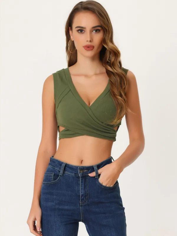 Deep V Neck Criss Cross Front Sleeveless Sexy Crop Top sold by Allegra K